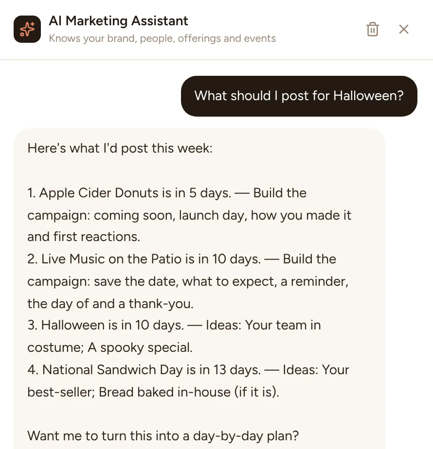 Ask Townlight answering “What should I post for Halloween?” with four ideas from the bakery's own calendar.
