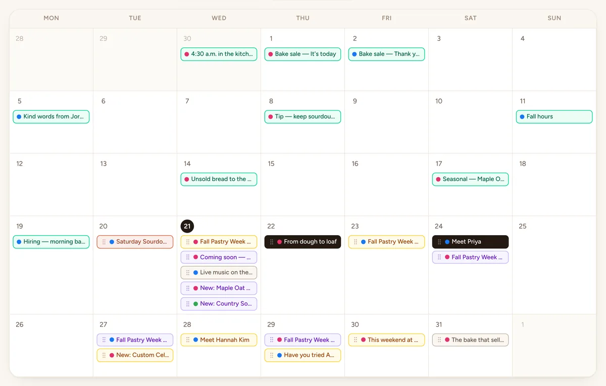 The month calendar with the bakery's posts on their days.