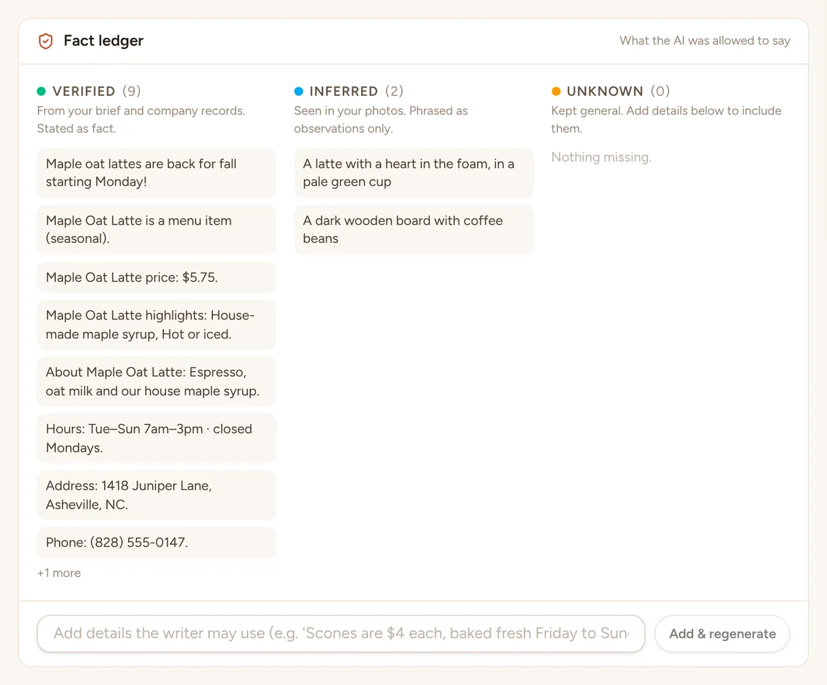 The fact ledger for the latte post: the verified facts from the brief and the bakery's records, what was seen in the photo, and nothing missing.