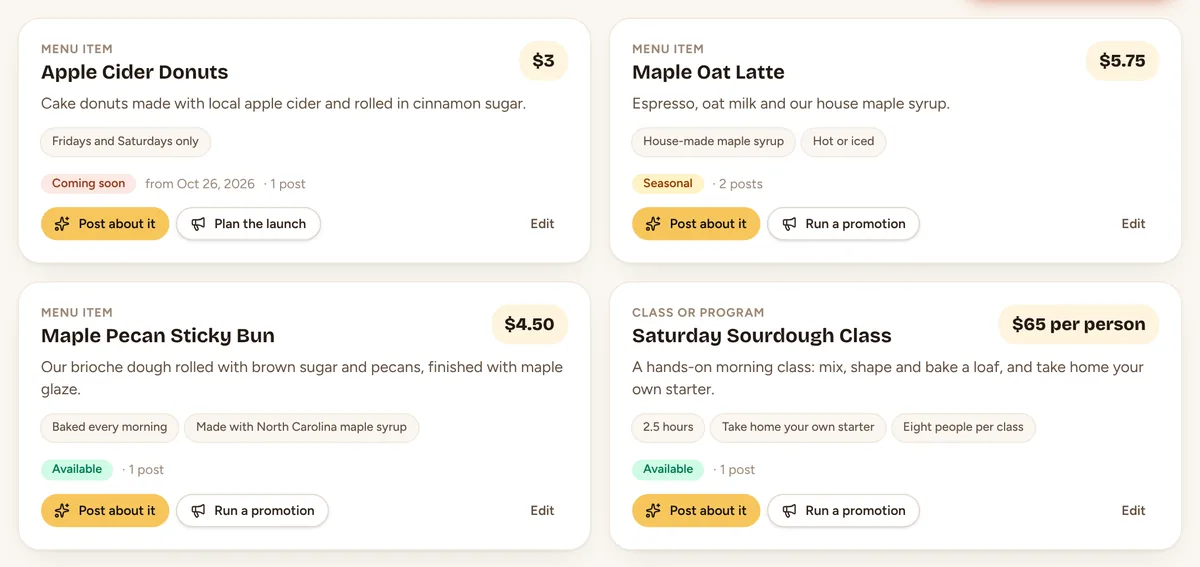 The bakery's products with their prices and details: apple cider donuts, the maple oat latte, the sticky bun and the sourdough class.
