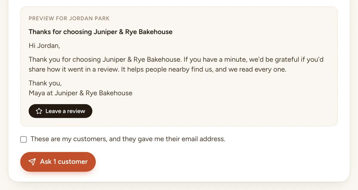 The preview of a review request to Jordan, signed by Maya, with a Leave a review button and the box that confirms they're a customer.